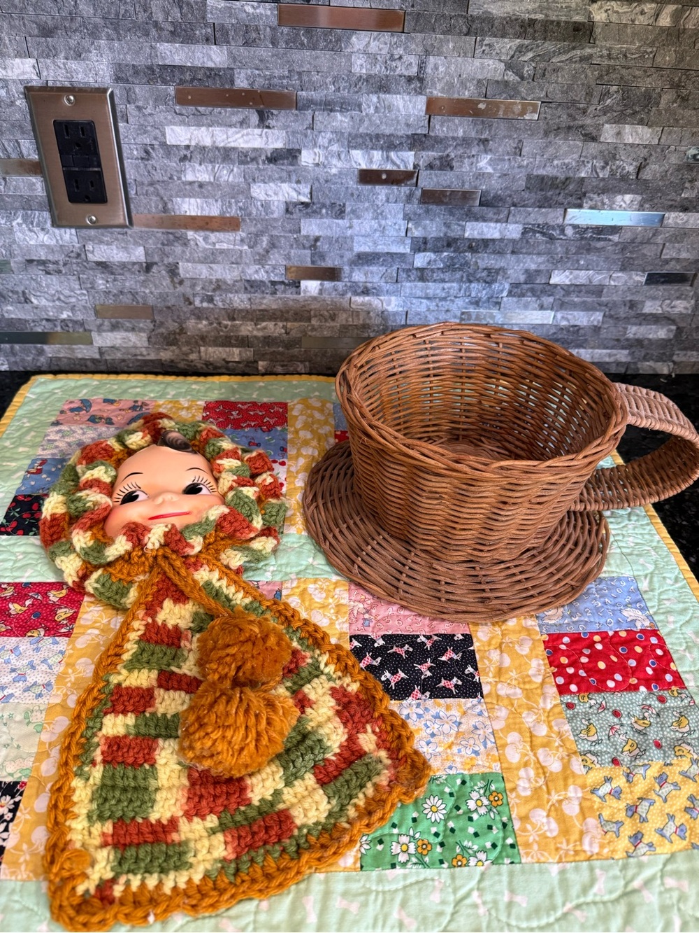 Vintage Cottage Core Large Wicker Tea Cup Basket and Hand Crocheted Girl Pair